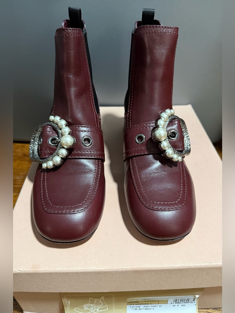 Miu Miu Calzature Donna Bourdeau Burgundy Leather Pearl Buckle Booties Sz 5/35